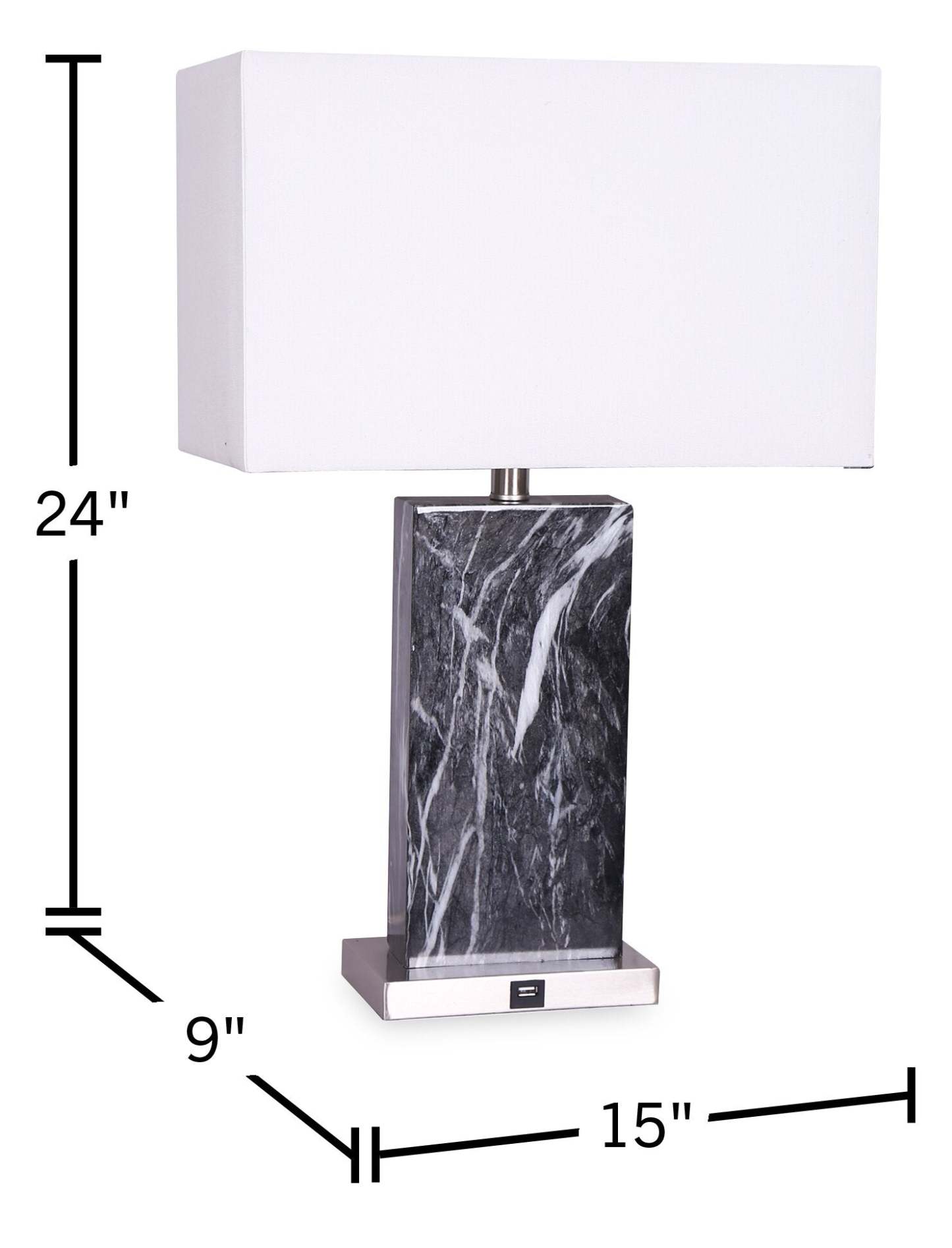 Ensemble de 2 lampes de table Pearl 24 en marbre noir et blanc avec chargeur USB | Pearl de 24 po noir et marbre blanc avec chargeur USB