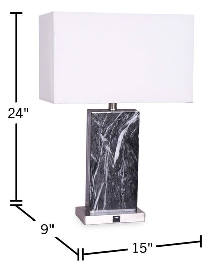 Ensemble de 2 lampes de table Pearl 24 en marbre noir et blanc avec chargeur USB | Pearl de 24 po noir et marbre blanc avec chargeur USB