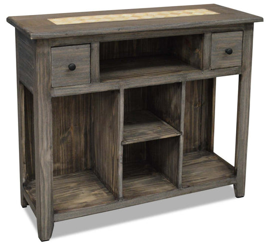 Santa Fe Rustico 43.25 Table de canapé rustique avec rangement et étagère - Pin gris avec insert en marbre|Table de salon rustique Santa Fe Rustico de 43,25 po avec rangement et tablette - pin gris avec incrustation de marbre