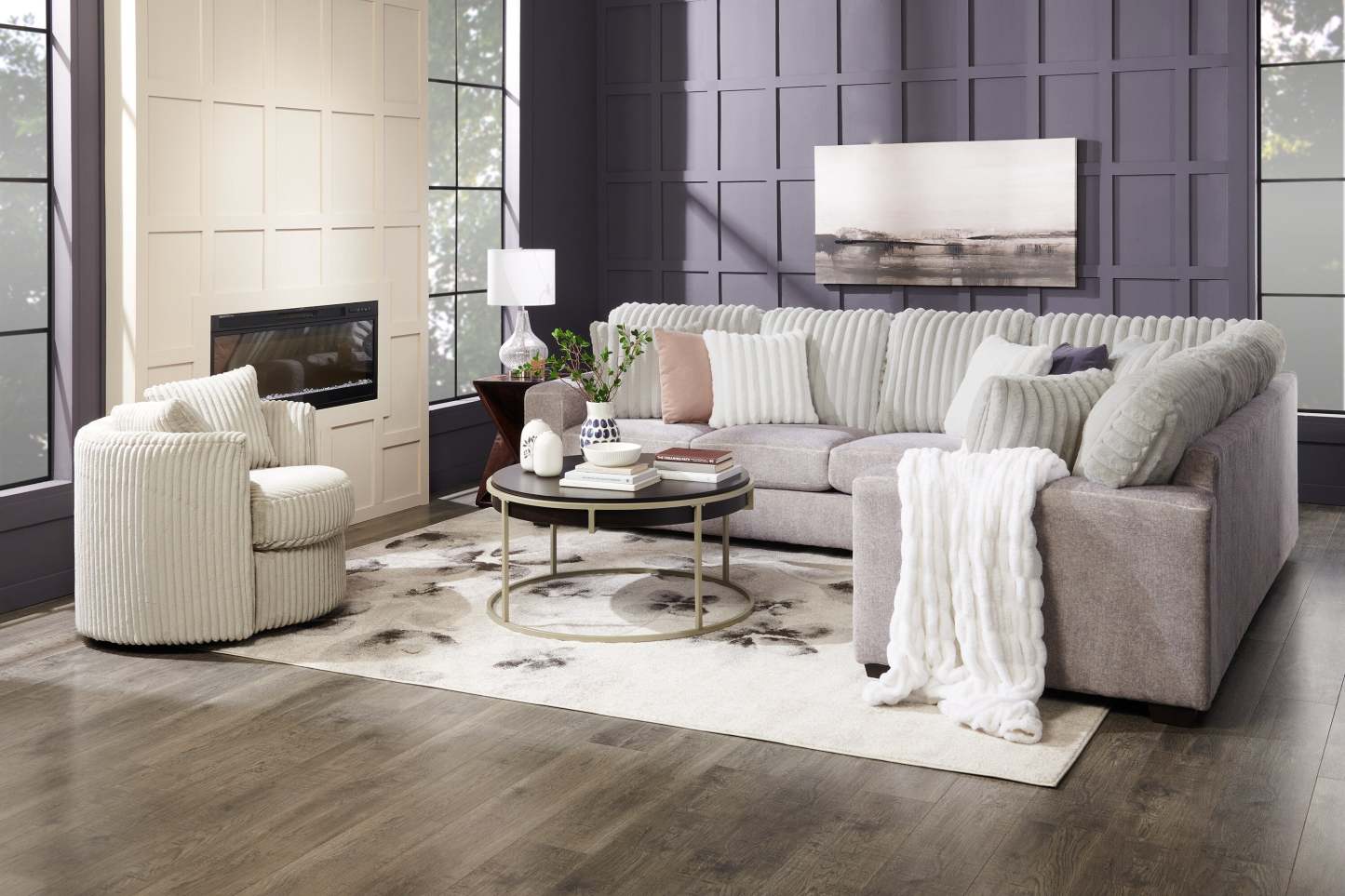 Made in Canada Petite 36 Chenille Fabric Swivel Cuddler Accent Chair - Groove Mist Grey | Fauteuil d’appoint pivotant Cuddler Petite de 36 po fabriqué au Canada en tissu de chenille - gris Groove Mist