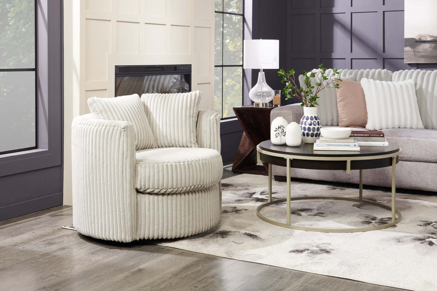 Made in Canada Petite 36 Chenille Fabric Swivel Cuddler Accent Chair - Groove Mist Grey | Fauteuil d’appoint pivotant Cuddler Petite de 36 po fabriqué au Canada en tissu de chenille - gris Groove Mist