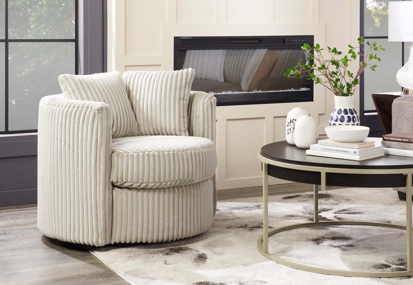 Made in Canada Petite 36 Chenille Fabric Swivel Cuddler Accent Chair - Groove Mist Grey | Fauteuil d’appoint pivotant Cuddler Petite de 36 po fabriqué au Canada en tissu de chenille - gris Groove Mist