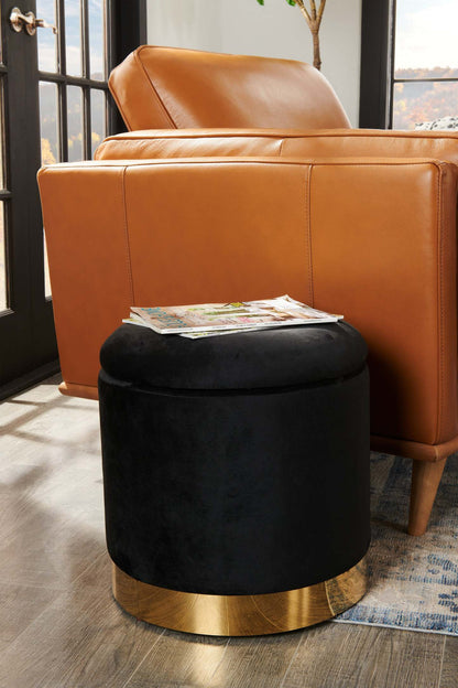 Phebe 16.5 Storage Ottoman with Gold Trim Base - Noir|Pouf de rangement Phebe de 16,5 po avec base à bordures dorées - noir