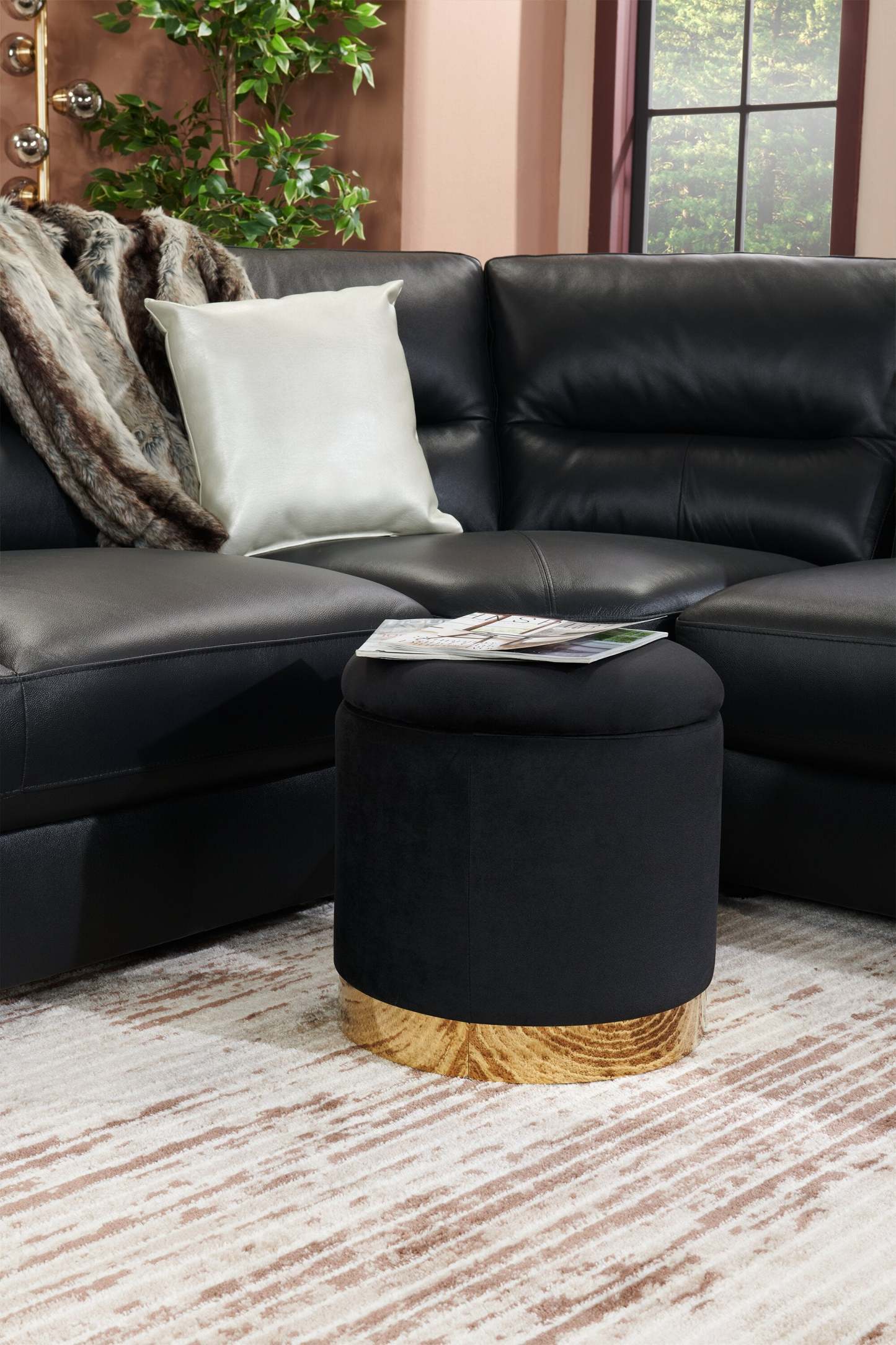 Phebe 16.5 Storage Ottoman with Gold Trim Base - Noir|Pouf de rangement Phebe de 16,5 po avec base à bordures dorées - noir
