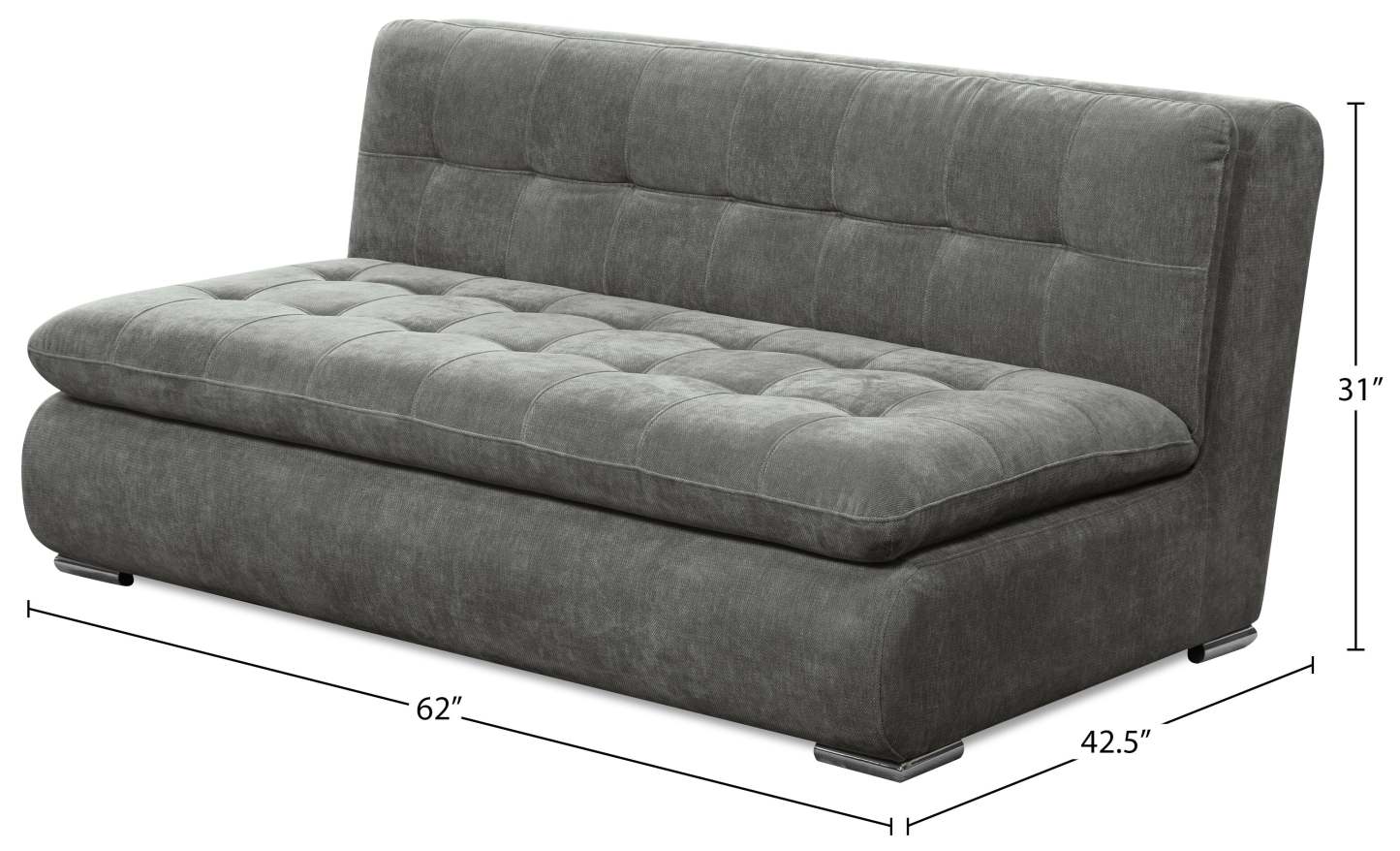 Scott Living Plaza Modular 63 Fabric Armless Loveseat with Tufted Back Cushions and Metal Legs - Grey | Causeuse modulaire sans accoudoirs Plaza de Scott Living de 63 po en tissu avec coussins de dossier capitonnés et pattes en métal - grise