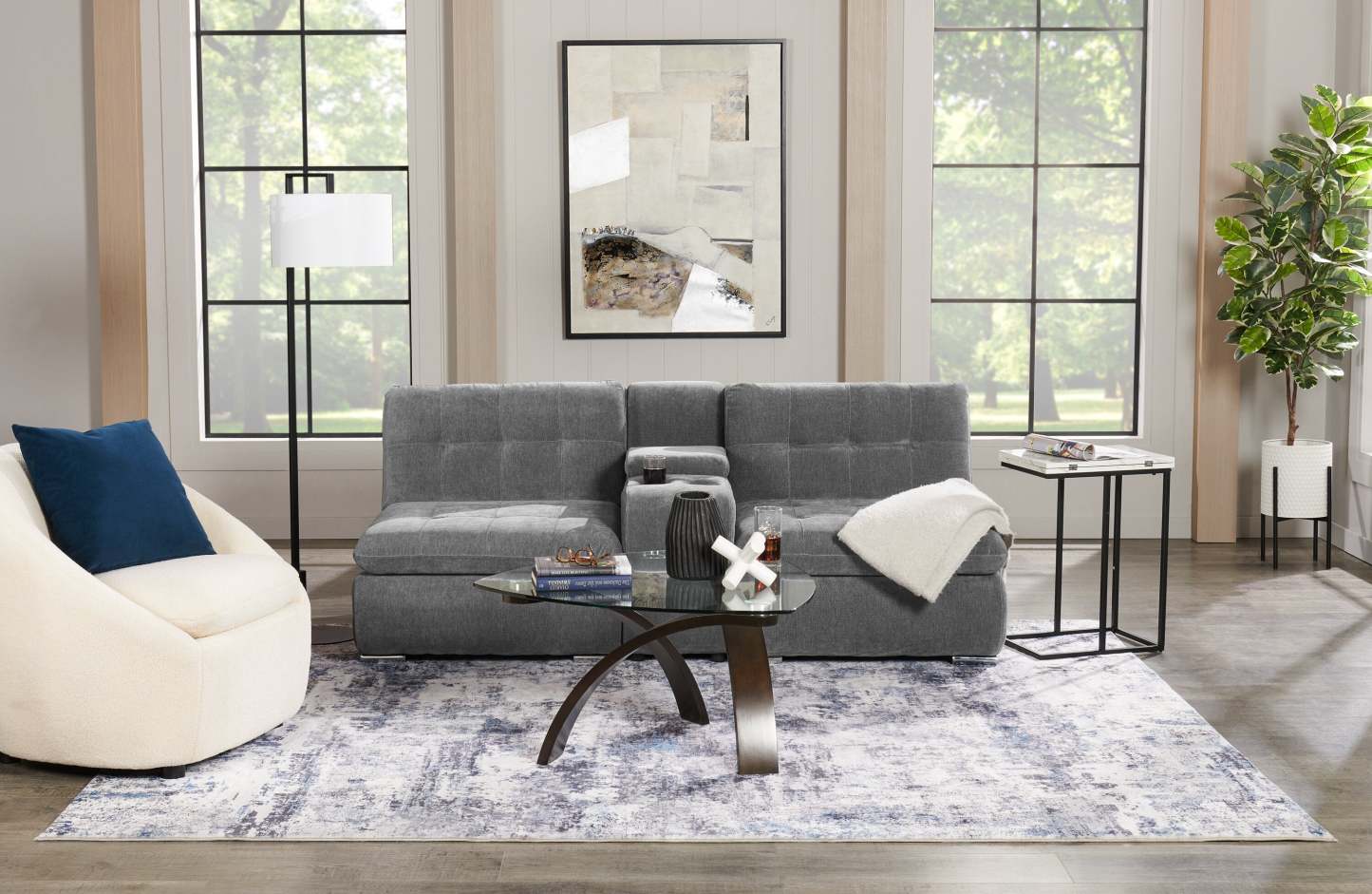 Canapé sectionnel modulaire Plaza de Scott Living 3 pièces en tissu avec console de rangement et 2 porte-gobelets - gris