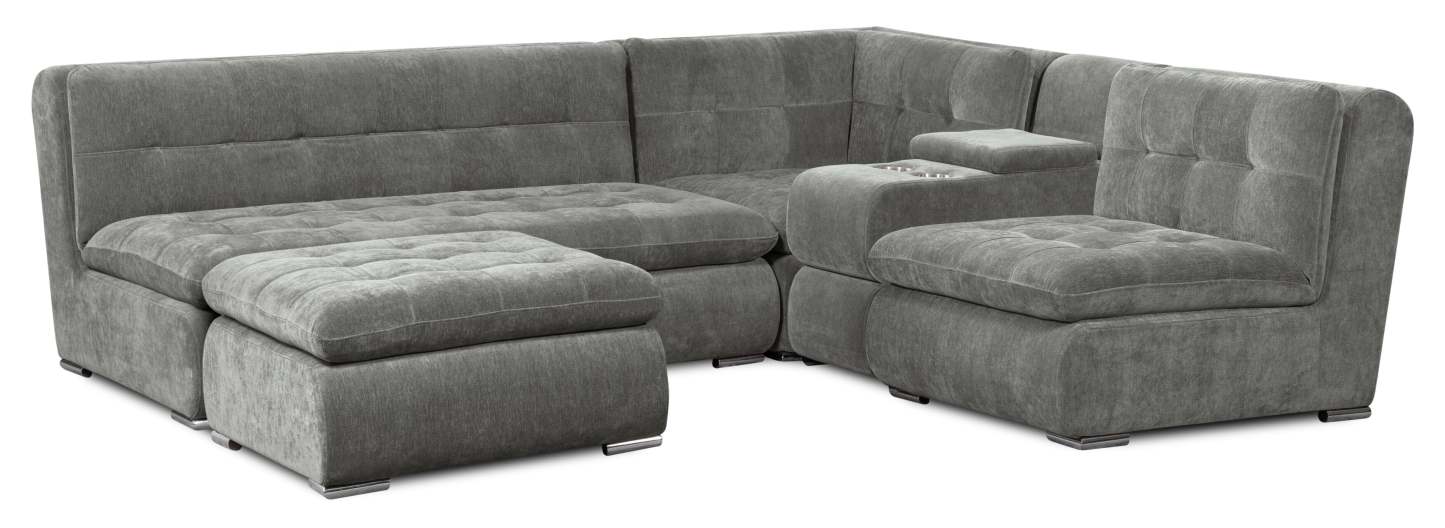 Scott Living Plaza Modular 5-Piece Fabric Sectional with Storage Console, Dual Cupholders and Ottoman - Grey | Sofa sectionnel modulaire Plaza de Scott Living 5 pièces en tissu avec console de rangement, 2 porte-gobelets et pouf - gris