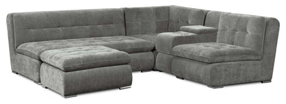 Scott Living Plaza Modular 5-Piece Fabric Sectional with Storage Console, Dual Cupholders and Ottoman - Grey | Sofa sectionnel modulaire Plaza de Scott Living 5 pièces en tissu avec console de rangement, 2 porte-gobelets et pouf - gris