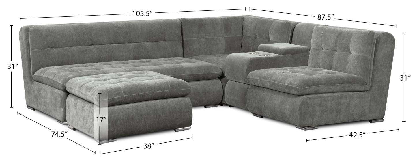 Scott Living Plaza Modular 5-Piece Fabric Sectional with Storage Console, Dual Cupholders and Ottoman - Grey | Sofa sectionnel modulaire Plaza de Scott Living 5 pièces en tissu avec console de rangement, 2 porte-gobelets et pouf - gris