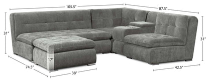 Scott Living Plaza Modular 5-Piece Fabric Sectional with Storage Console, Dual Cupholders and Ottoman - Grey | Sofa sectionnel modulaire Plaza de Scott Living 5 pièces en tissu avec console de rangement, 2 porte-gobelets et pouf - gris