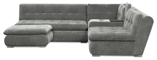 Scott Living Plaza Modular 5-Piece Fabric Sectional with Storage Console, Dual Cupholders and Ottoman - Grey | Sofa sectionnel modulaire Plaza de Scott Living 5 pièces en tissu avec console de rangement, 2 porte-gobelets et pouf - gris