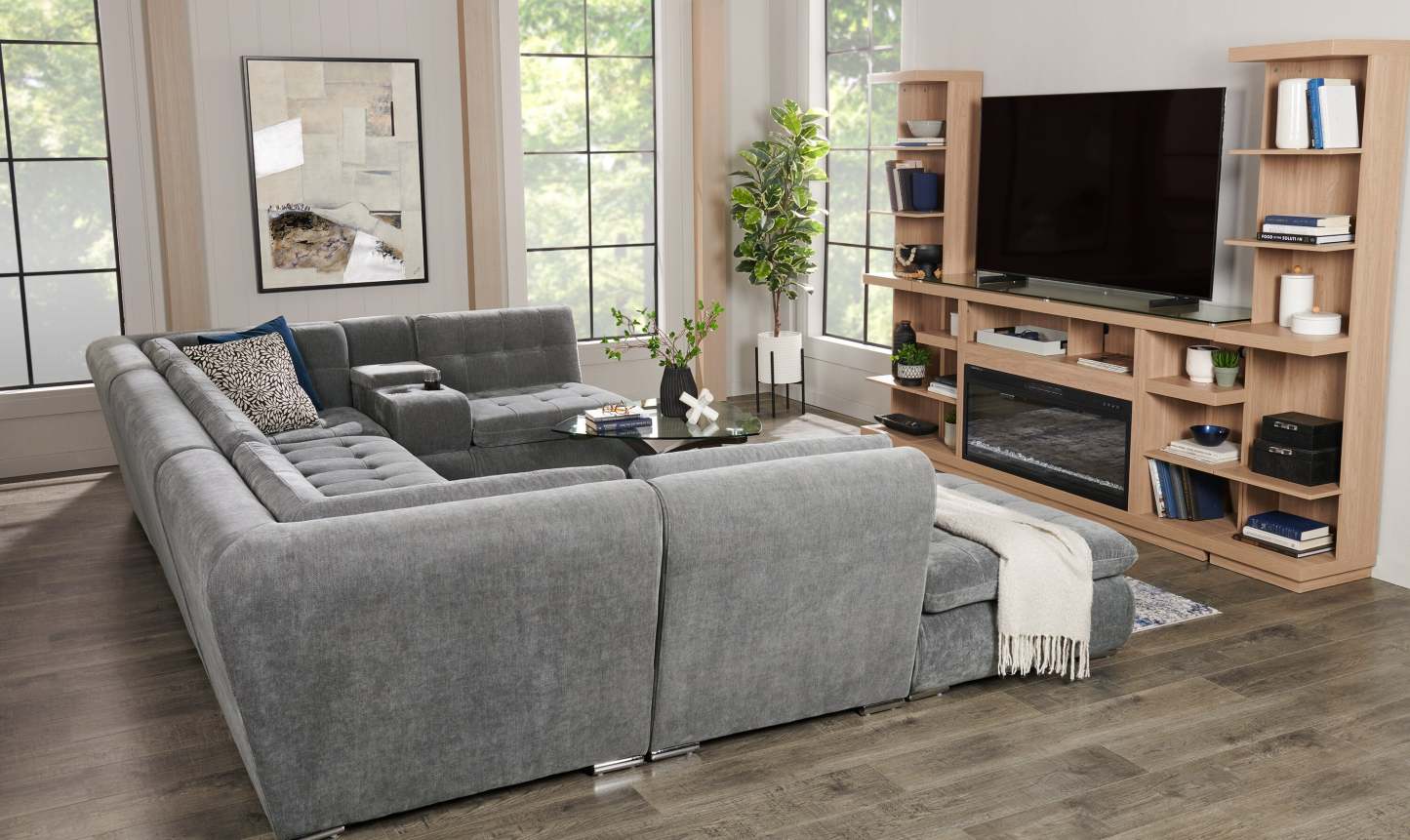 Canapé sectionnel modulaire Plaza de Scott Living 7 pièces en tissu avec console de rangement et 2 porte-gobelets - gris
