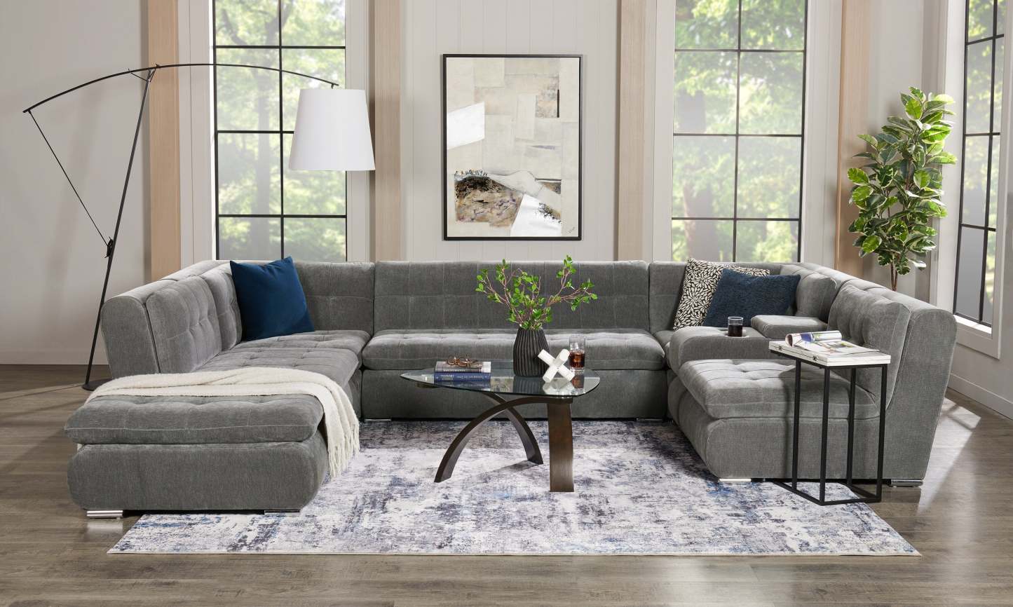 Canapé sectionnel modulaire Plaza de Scott Living 7 pièces en tissu avec console de rangement et 2 porte-gobelets - gris