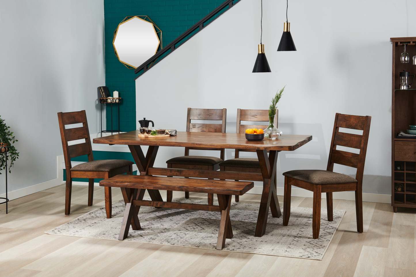 Plum 6pc Dining Set with Table, Bench & 4 Chairs, Wood, Live-Edge Look, 70.75W- Nutmeg Brown | Ensemble de salle à manger Plum 6 pièces en bois avec table de 70,75 po (L), apparence de bordures Live Edge, banc et 4 chaises - brun muscade