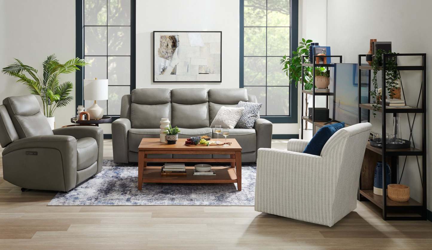 Scott Living Fauteuil à inclinaison électrique Prescott 42,5 en cuir véritable avec appui-tête électrique - Gris | Fauteuil inclinable électrique Prescott de Scott Living de 42,5 po en cuir véritable avec appuie-tête électrique - gris