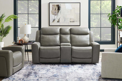 Scott Living Prescott 79 Genuine Leather Power Reclining Loveseat with Power Headrests - Grey | Causeuse à inclinaison électrique Prescott de Scott Living de 79 po en cuir véritable avec appuie-têtes électriques - grise