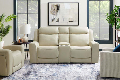 Scott Living Causeuse à inclinaison électrique Prescott 79 en cuir véritable avec appuie-tête électriques - Gris platine | Causeuse à inclinaison électrique Prescott de Scott Living de 79 po en cuir véritable avec appuie-têtes électriques - gris platine