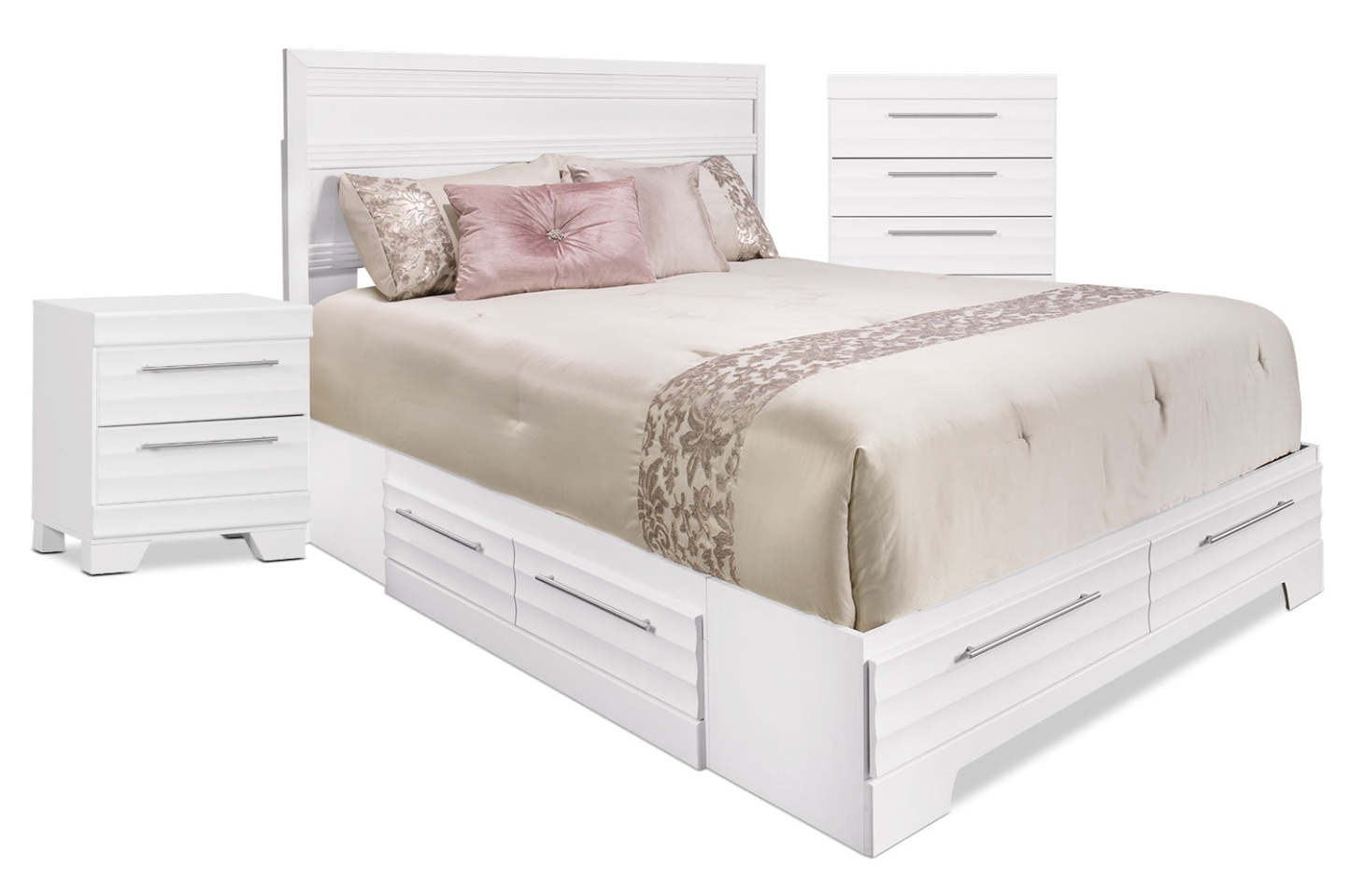 Ensemble de chambre à coucher Olivia 5 pièces avec rangement complet, commode et table de nuit – Blanc|Ensemble Olivia 5 pièces avec lit double de rangement, commode verticale et table de nuit - blanc