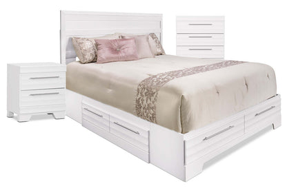 Ensemble de chambre à coucher Olivia 5 pièces avec rangement complet, commode et table de nuit – Blanc|Ensemble Olivia 5 pièces avec lit double de rangement, commode verticale et table de nuit - blanc
