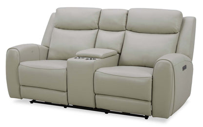 Causeuse à inclinaison électrique Reign de 78 po en cuir véritable de qualité supérieure avec console - taupe clair de lune Deltona