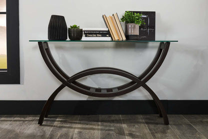 Ricci 48 Table de canapé moderne avec plateau en verre – Espresso avec pieds arqués | Table de salon moderne Ricci de 48 po avec dessus en verre - espresso avec pattes arquées