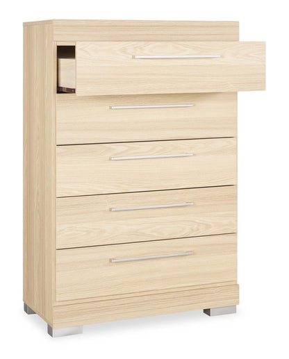 Commode de chambre à coucher Riley, 5 tiroirs, 31 l x 46 h, fabriquée au Canada - Naturel | Commode verticale de chambre à coucher Riley de 31 po (L) x 46 po (H) à 5 tiroirs, fabriquée au Canada - naturelle