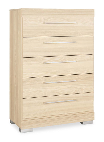 Commode de chambre à coucher Riley, 5 tiroirs, 31 l x 46 h, fabriquée au Canada - Naturel | Commode verticale de chambre à coucher Riley de 31 po (L) x 46 po (H) à 5 tiroirs, fabriquée au Canada - naturelle