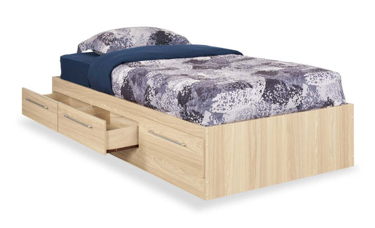 Lit Mates Riley avec rangement à 3 tiroirs pour enfants, fabriqué au Canada, naturel - taille simple | Lit matelot Riley avec 3 tiroirs de rangement pour enfants, fabriqué au Canada, naturel - format lit simple