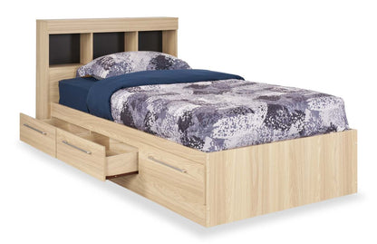 Ensemble de lit Riley Mates avec tête de lit bibliothèque pour enfants, fabriqué au Canada, naturel - taille simple | Lit matelot Riley fabriqué au Canada avec ensemble de tête de lit bibliothèque pour enfants, naturel - format lit simple