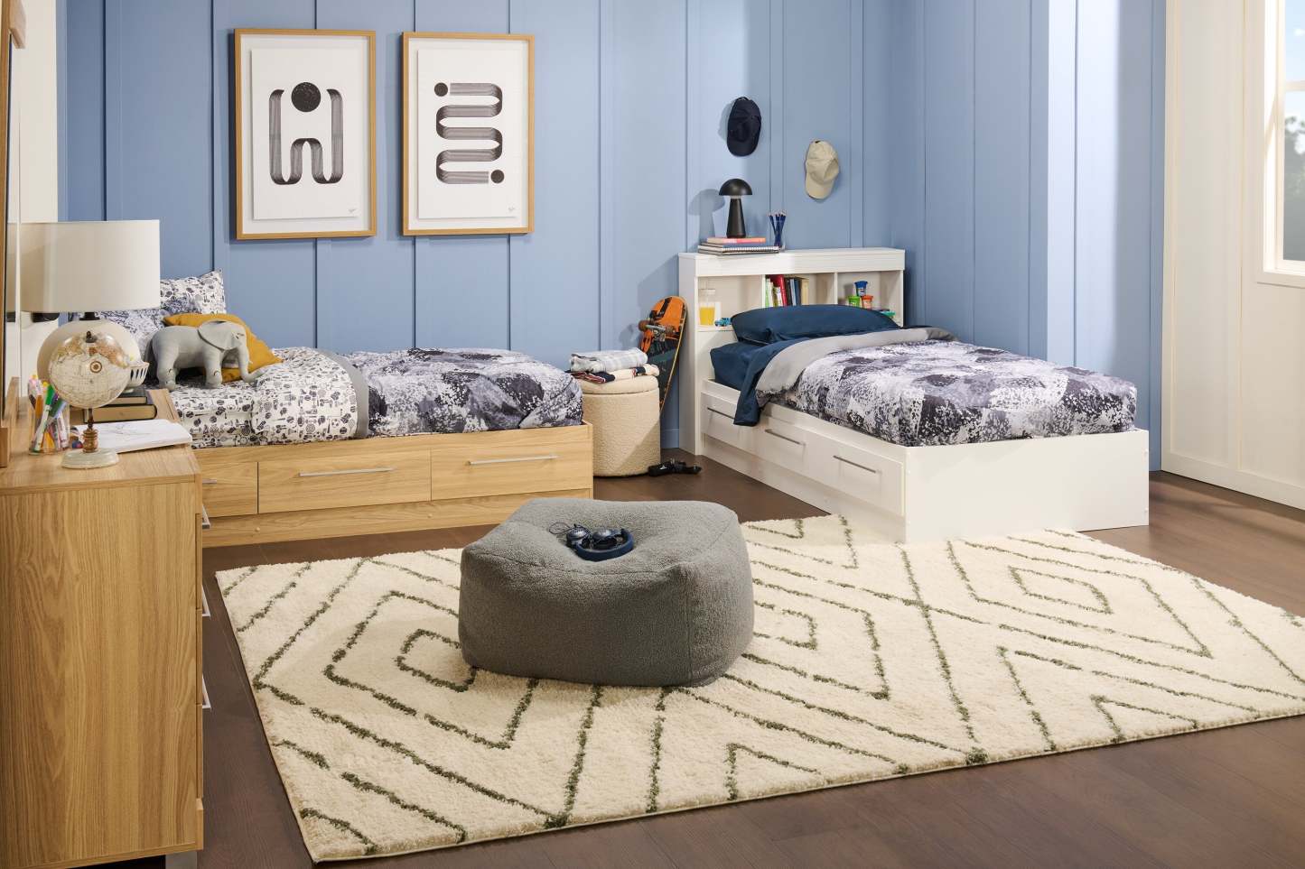 Ensemble de lit Riley Mates avec tête de lit bibliothèque pour enfants, fabriqué au Canada, blanc - taille simple | Lit matelot Riley avec ensemble de tête de lit bibliothèque pour enfants, fabriqué au Canada, blanc - format lit simple