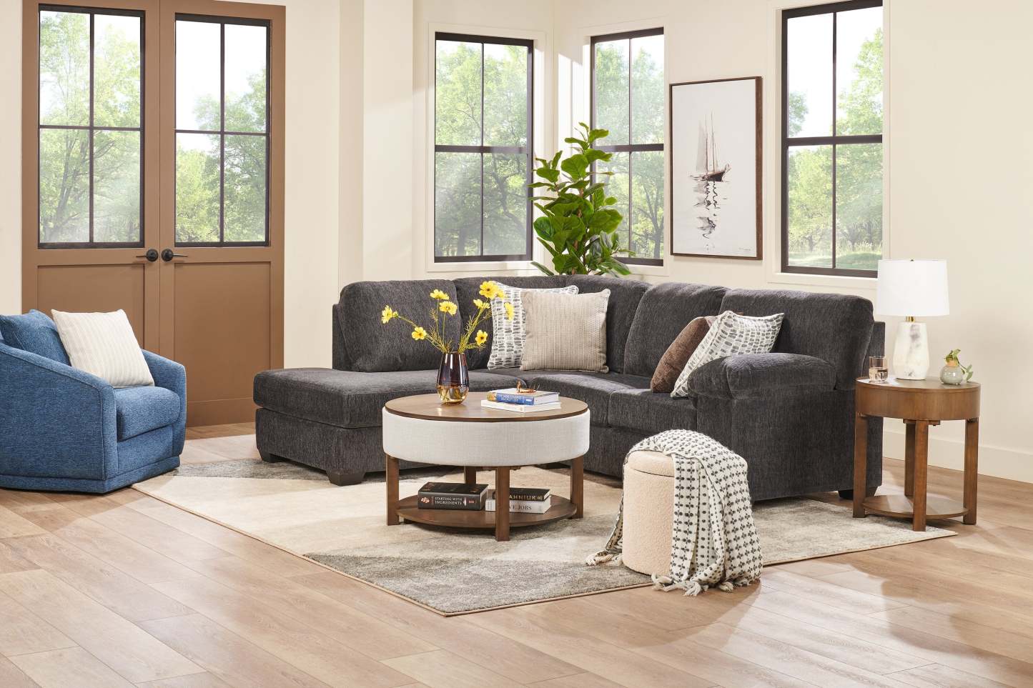 Fabriqué au Canada, canapé sectionnel de gauche Morgan 2 pièces en tissu de chenille avec coussins décoratifs - gris