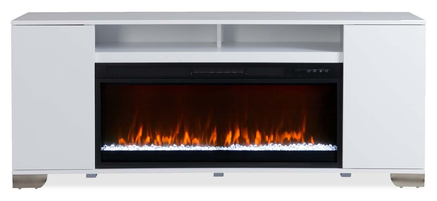 Meuble pour téléviseur moderne Robin de 70 po avec foyer électrique, rangement et système de gestion des câbles pour téléviseurs jusqu’à 80 po - blanc