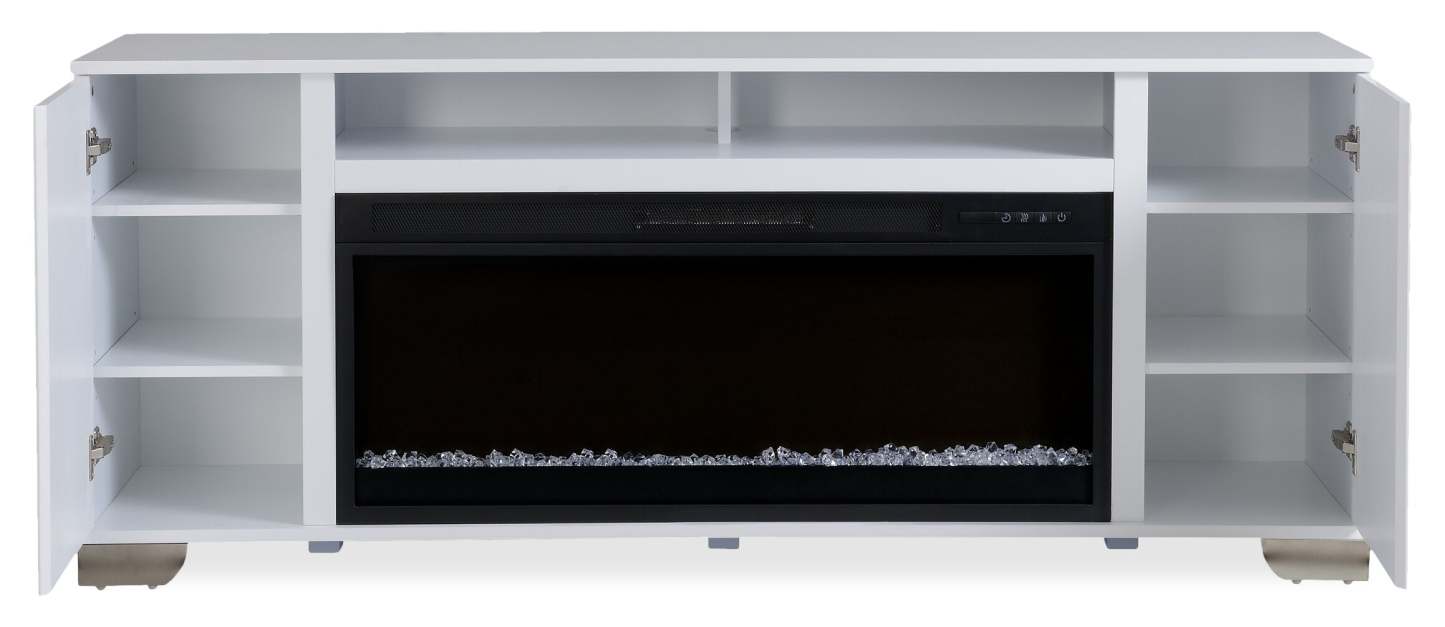 Meuble pour téléviseur moderne Robin de 70 po avec foyer électrique, rangement et système de gestion des câbles pour téléviseurs jusqu’à 80 po - blanc