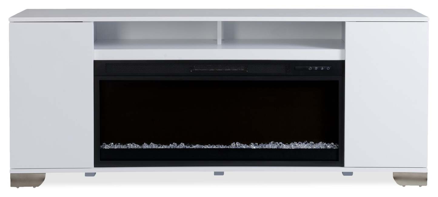 Meuble pour téléviseur moderne Robin de 70 po avec foyer électrique, rangement et système de gestion des câbles pour téléviseurs jusqu’à 80 po - blanc