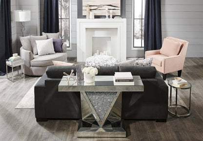 Rosie 47.5 Glam Mirror &amp; Glass Top Sofa Table - Silver Metal with Diamond Look Legs|Table de salon somptueuse Rosie de 47,5 po avec dessus en miroir et en verre - métal argenté avec pattes à apparence de diamant