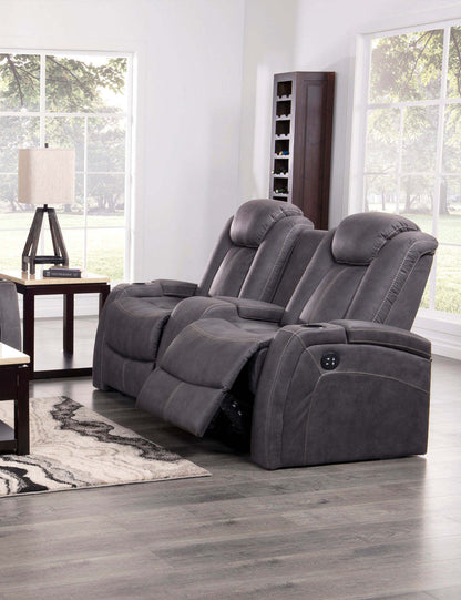 Ross 72.5 Faux Suede Fabric Power Reclining Loveseat with Power Headrests and Storage Console - Pewter Grey | Causeuse à inclinaison électrique Ross de 72,5 po en tissu de suédine avec appuie-têtes électriques et console de rangement - gris étain