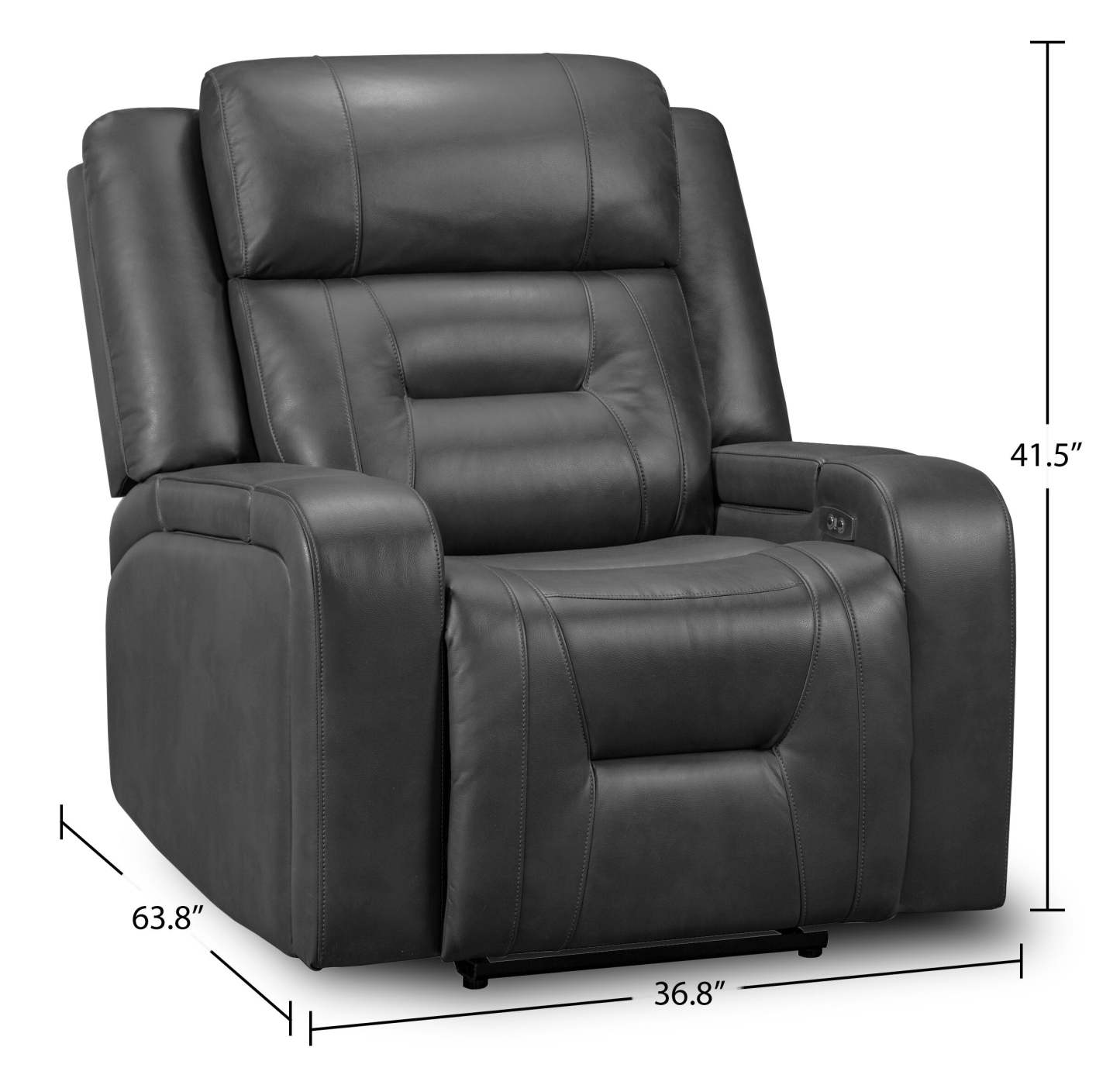 Fauteuil à inclinaison électrique Ryker de 36,8 po en tissu d'apparence cuir avec accoudoirs de rangement et port USB - gris