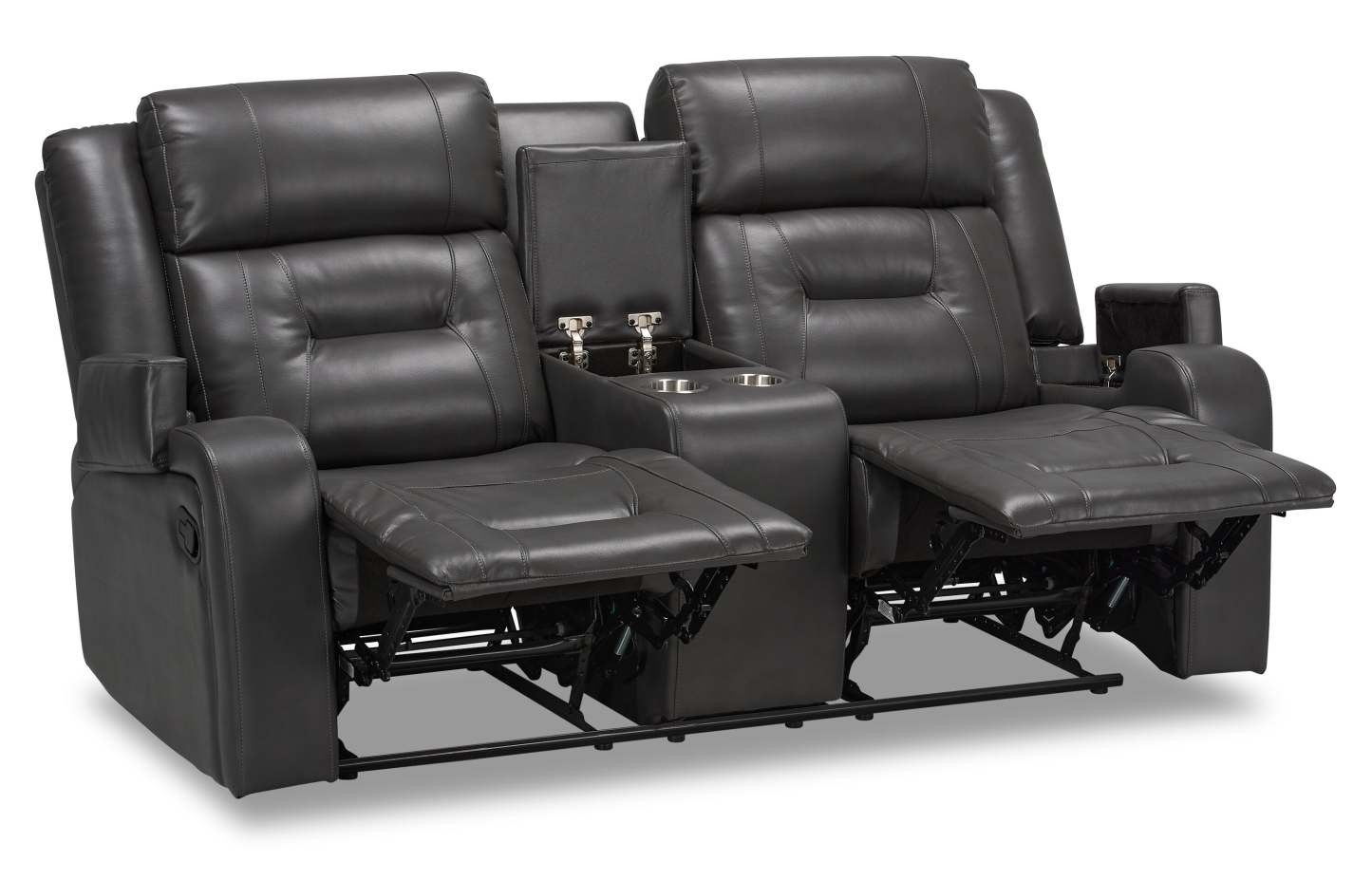 Causeuse inclinable Ryker de 72,24 po en tissu d'apparence cuir avec console de rangement - grise