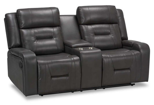 Causeuse inclinable Ryker de 72,24 po en tissu d'apparence cuir avec console de rangement - grise