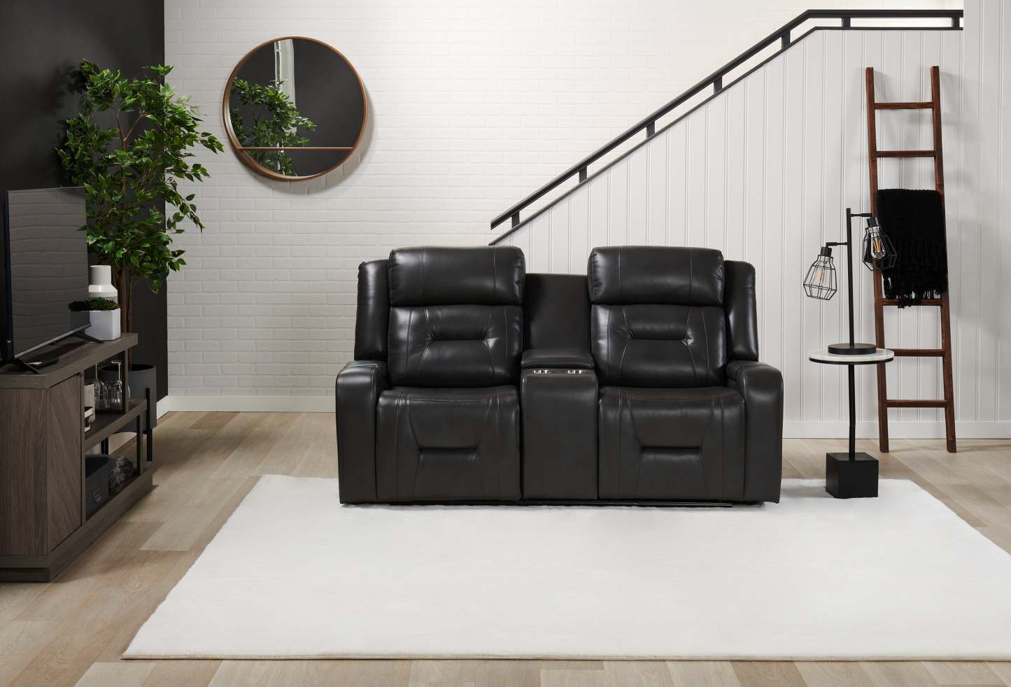 Causeuse inclinable Ryker de 72,24 po en tissu d'apparence cuir avec console de rangement - grise