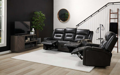 Canapé à inclinaison électrique Ryker de 82,5 po en tissu d'apparence cuir avec accoudoirs de rangement et ports USB - gris