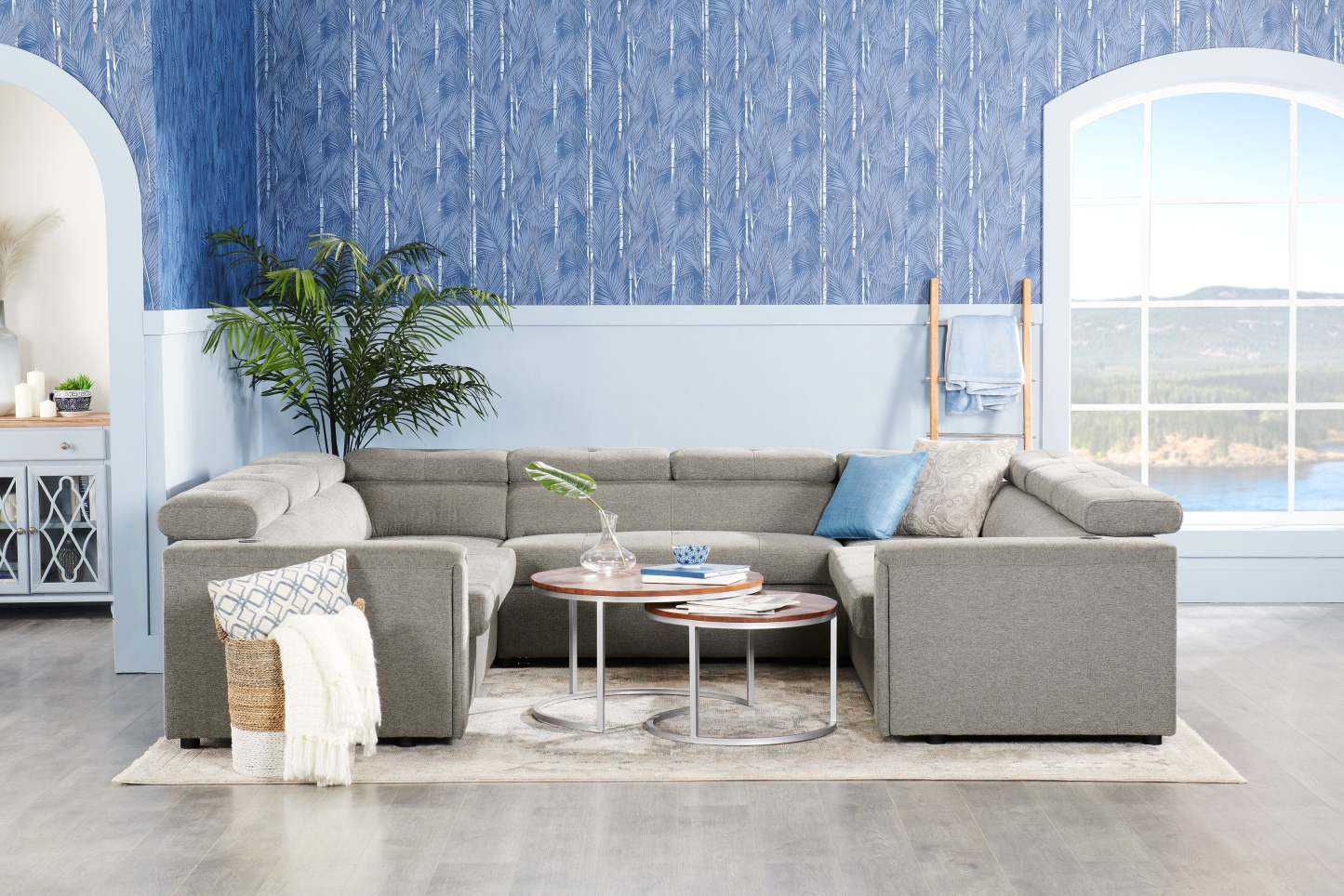 Savvy 3-Piece Linen-Look Fabric Sleeper Sectional with Adjustable Headrests - Grey | Sofa-lit sectionnel Savvy 3 pièces en tissu d’apparence lin avec appuie-têtes réglables - gris