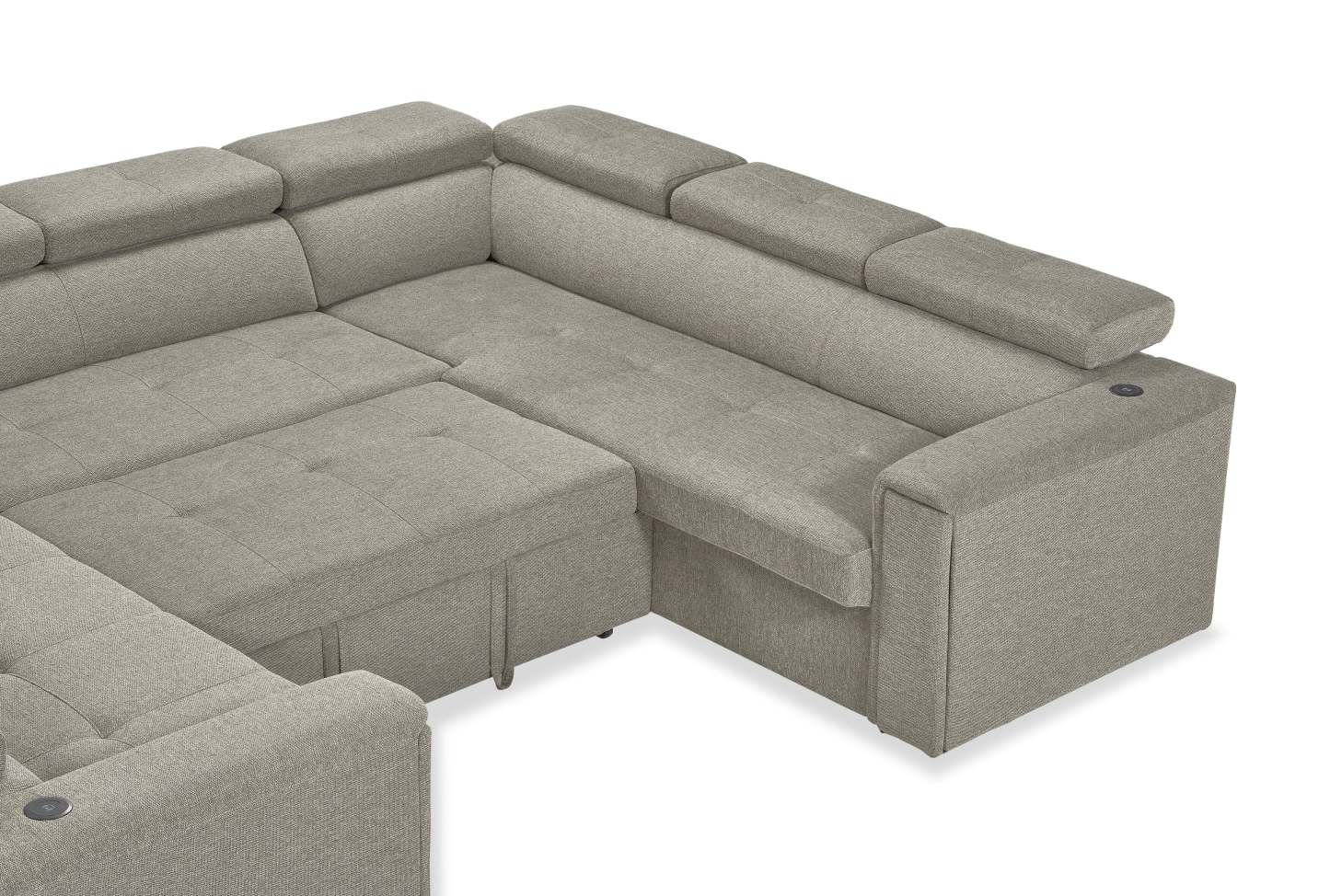 Savvy 3-Piece Linen-Look Fabric Sleeper Sectional with Adjustable Headrests - Grey | Sofa-lit sectionnel Savvy 3 pièces en tissu d’apparence lin avec appuie-têtes réglables - gris
