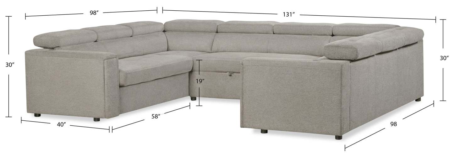 Savvy 3-Piece Linen-Look Fabric Sleeper Sectional with Adjustable Headrests - Grey | Sofa-lit sectionnel Savvy 3 pièces en tissu d’apparence lin avec appuie-têtes réglables - gris