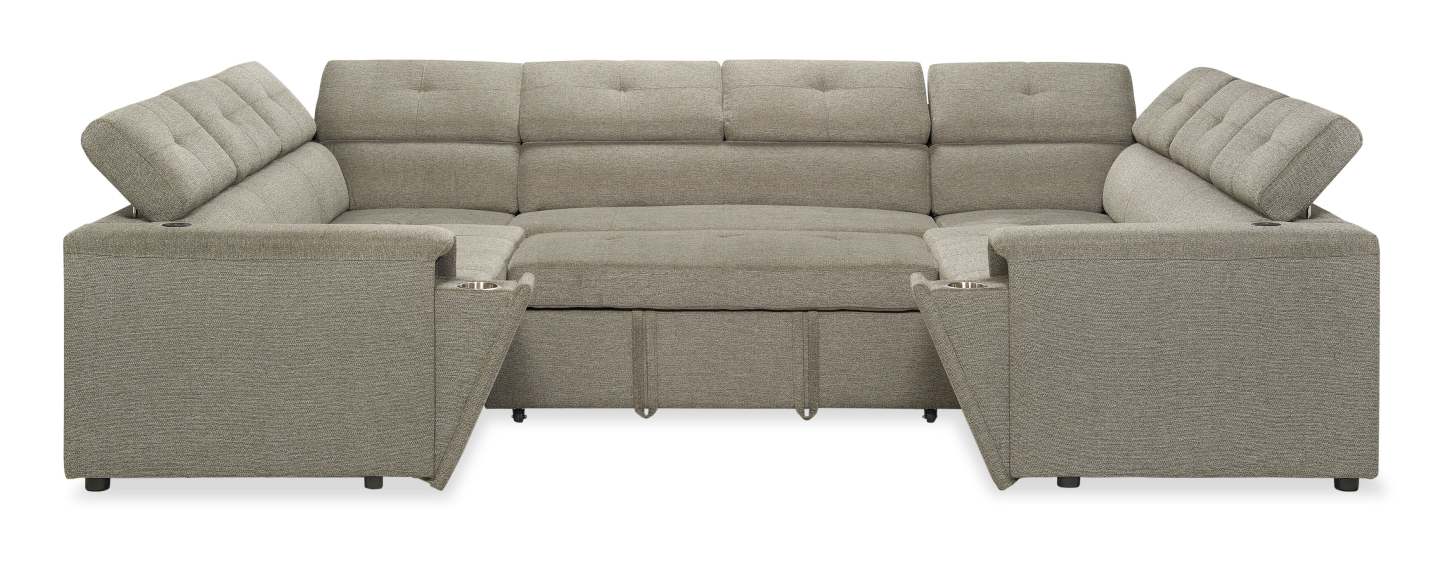 Savvy 3-Piece Linen-Look Fabric Sleeper Sectional with Adjustable Headrests - Grey | Sofa-lit sectionnel Savvy 3 pièces en tissu d’apparence lin avec appuie-têtes réglables - gris