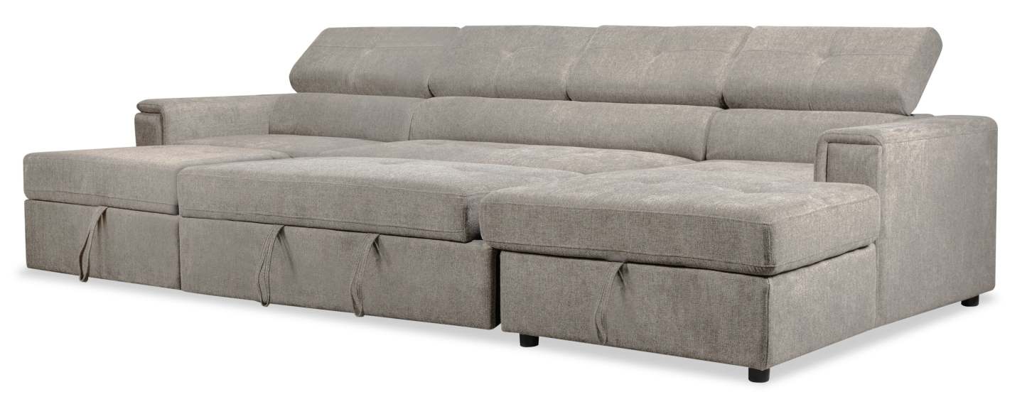 Sofa-lit sectionnel Savvy 3 pièces en tissu d’apparence lin avec 2 fauteuils longs de rangement et appuie-têtes réglables - gris