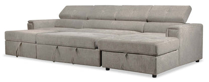 Sofa-lit sectionnel Savvy 3 pièces en tissu d’apparence lin avec 2 fauteuils longs de rangement et appuie-têtes réglables - gris