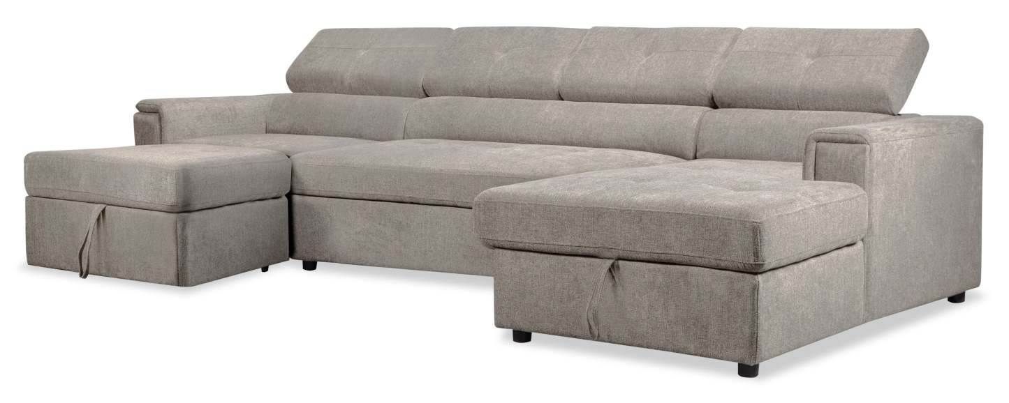 Sofa-lit sectionnel Savvy 3 pièces en tissu d’apparence lin avec 2 fauteuils longs de rangement et appuie-têtes réglables - gris
