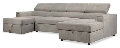 Sofa-lit sectionnel Savvy 3 pièces en tissu d’apparence lin avec 2 fauteuils longs de rangement et appuie-têtes réglables - gris