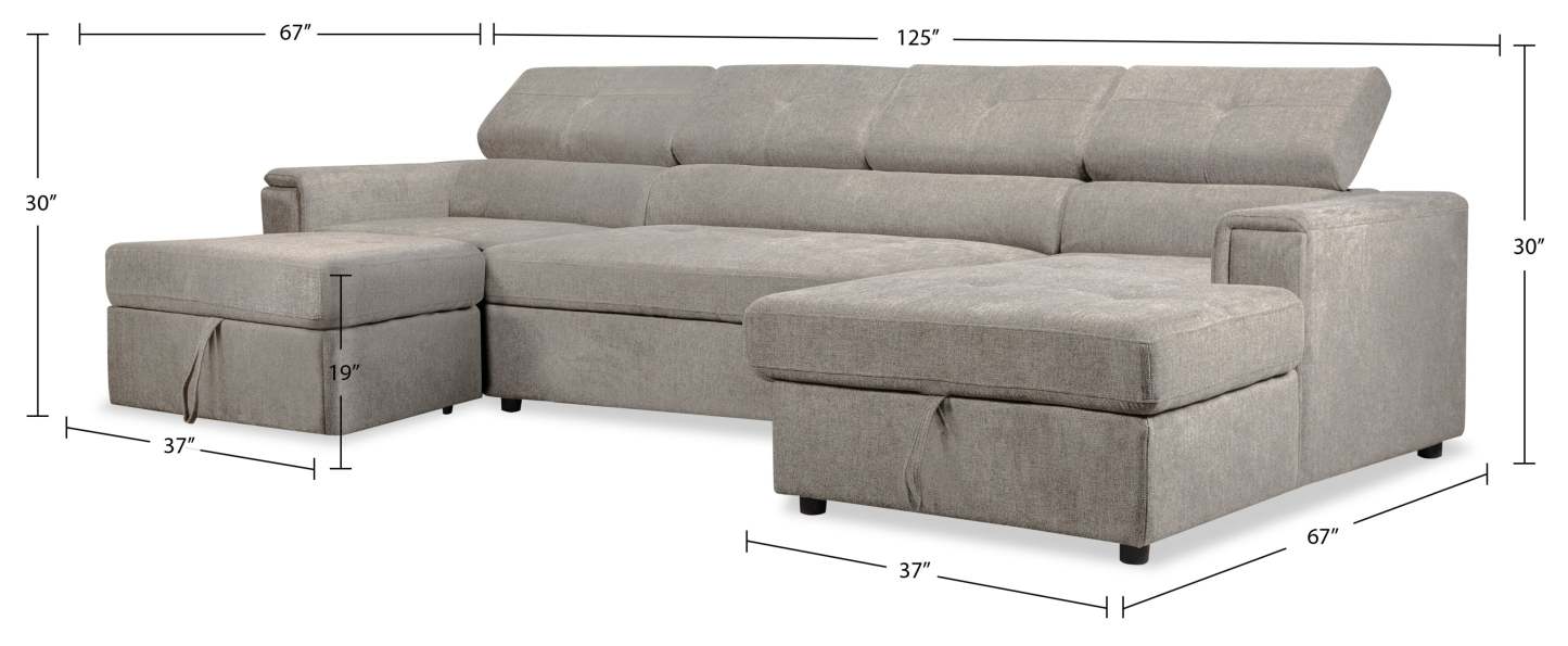 Sofa-lit sectionnel Savvy 3 pièces en tissu d’apparence lin avec 2 fauteuils longs de rangement et appuie-têtes réglables - gris